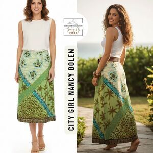 VTG  City Girl Nancy Bolen 100% Silk Midi Skirt Palm Prints NWT Size 8